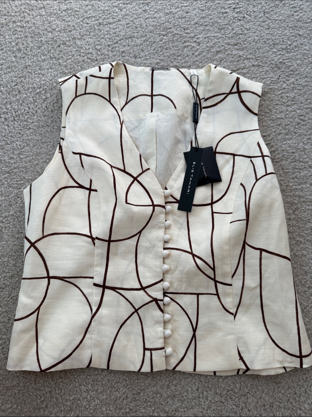 Elie Tahari Cream & Brown Abstract Line Button-Front Top